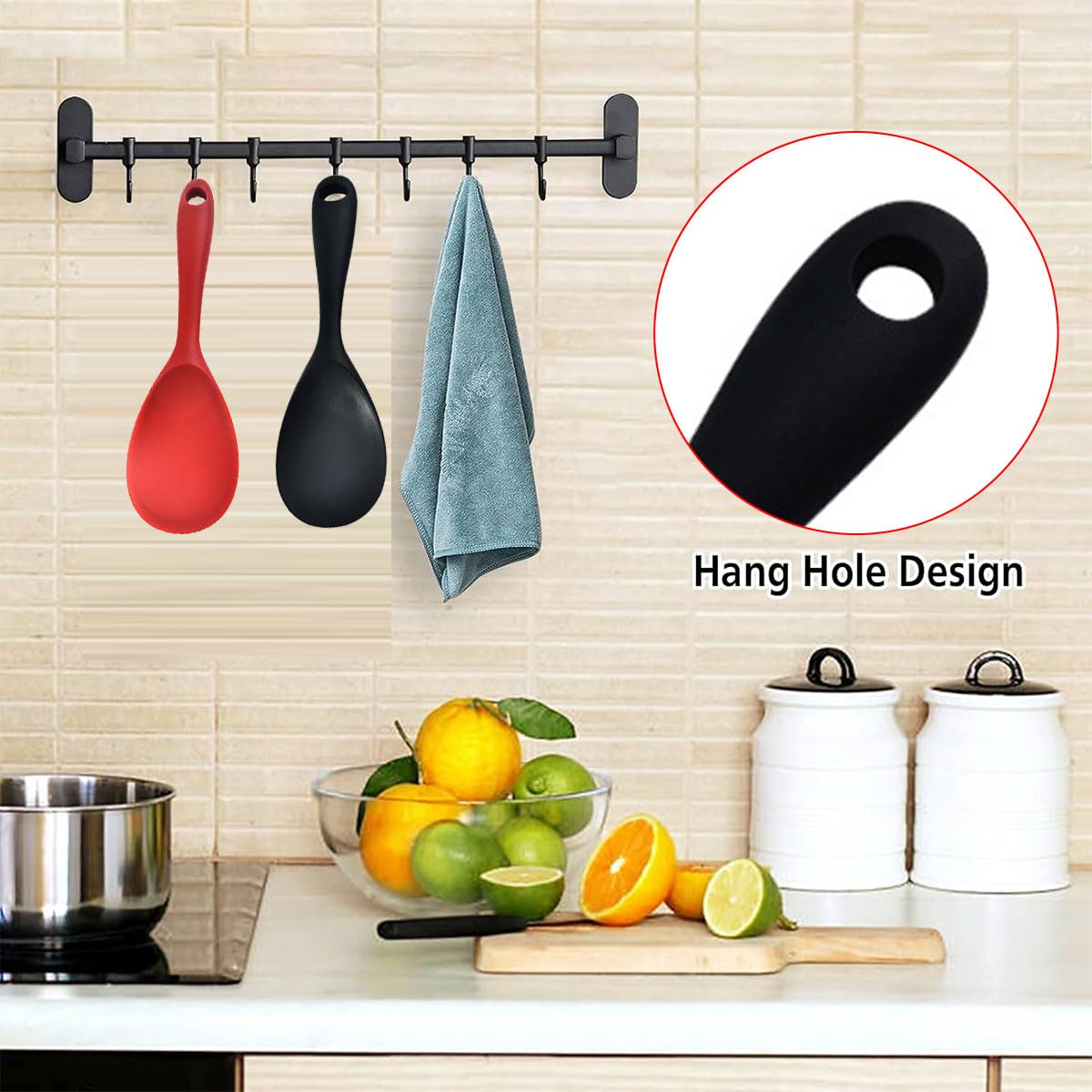 Paletta Riso, Cucchiai da Riso, Cucchiaio da Riso Antiaderente, Cucchiai Da Cucina In Silicone, Cucchiaio di Silicone per Mescolare, Cucchiaino per Servire Riso, per Mescolare Miscelare (Rosso＆Nero)