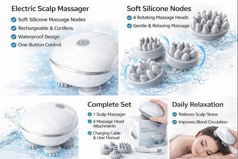 Image of CalmFlex Electric Scalp Massager, 96 Silicone Kneading Points with Detachable Heads, Rechargeable Cordless Head and Body Massager