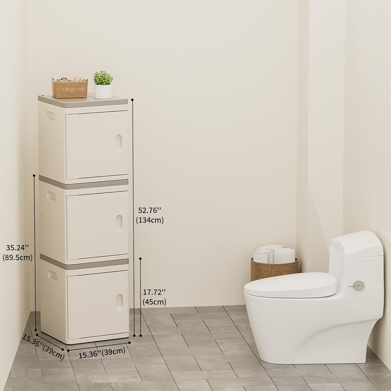 HAIXIN Storage Cabinet 3 Tier - Tall Narrow Bathroom Cabinet with Magnetic Door Toilet Paper Storage Cabinet Plastic Stackable Organizer for Restroom Kitchen