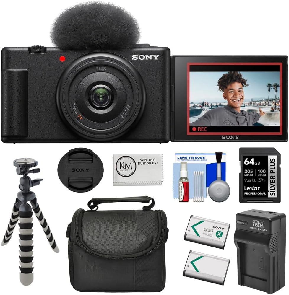 ZV-1F Vlogging Camera | Black Bundle with 64GB Memory Card + Cleaning Cloth + 8" Flexipod + Spare Battery & Charger + Camera Bag + 5-Piece Cleaning Kit (8 Items)