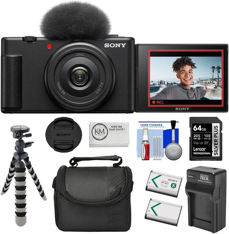ZV-1F Vlogging Camera | Black Bundle with 64GB Memory Card + Cleaning Cloth + 8" Flexipod + Spare Battery & Charger + Camera Bag + 5-Piece Cleaning Kit (8 Items)