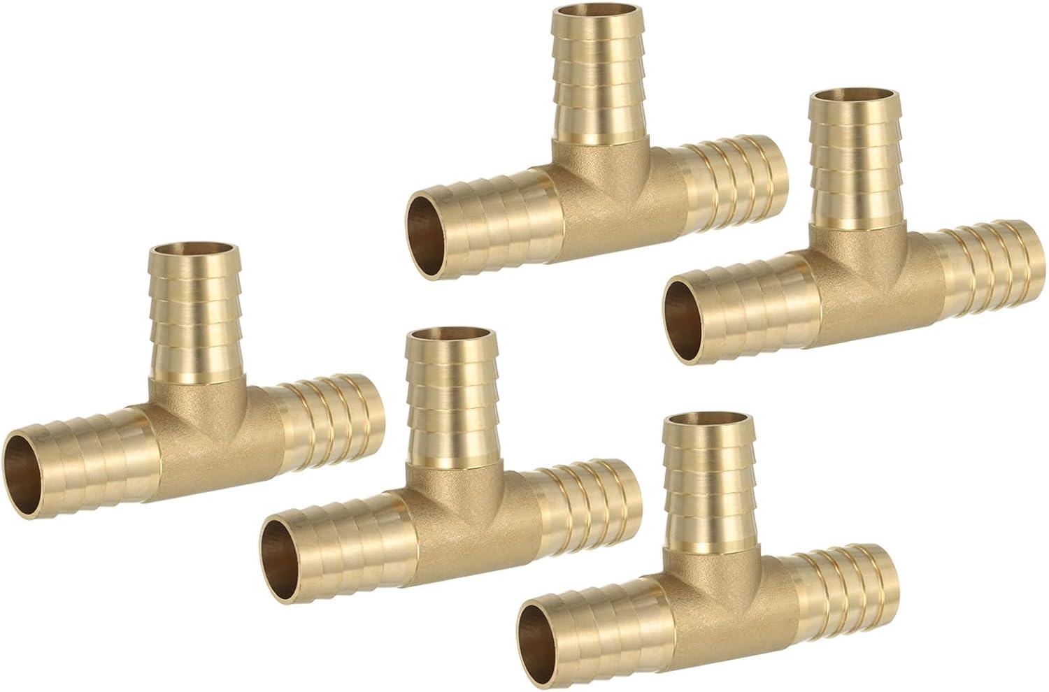 PATIKIL 1" Brass Tee Hose Barb Fitting,5 Pcs 3 Ways Union Intersection T Shape Barbed Split for Air Water Fuel Gas Liquid, Golden