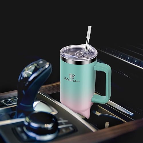 Miniatura 8 de Vaso de 40 onzas con asa y tapa con popote, taza de café de viaje 100% a prueba de fugas, taza aislada de acero inoxidable para bebidas frías y
