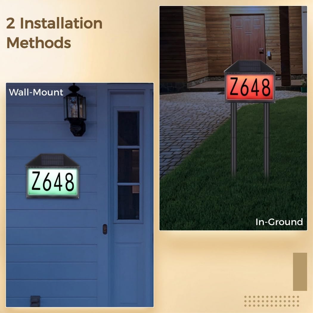Colorful Solar Address Sign with 60 Christmas Stickers, Led House Number Plaque with Stakes & Screws, Remote Control Outdoor Light for Garden and Driveway