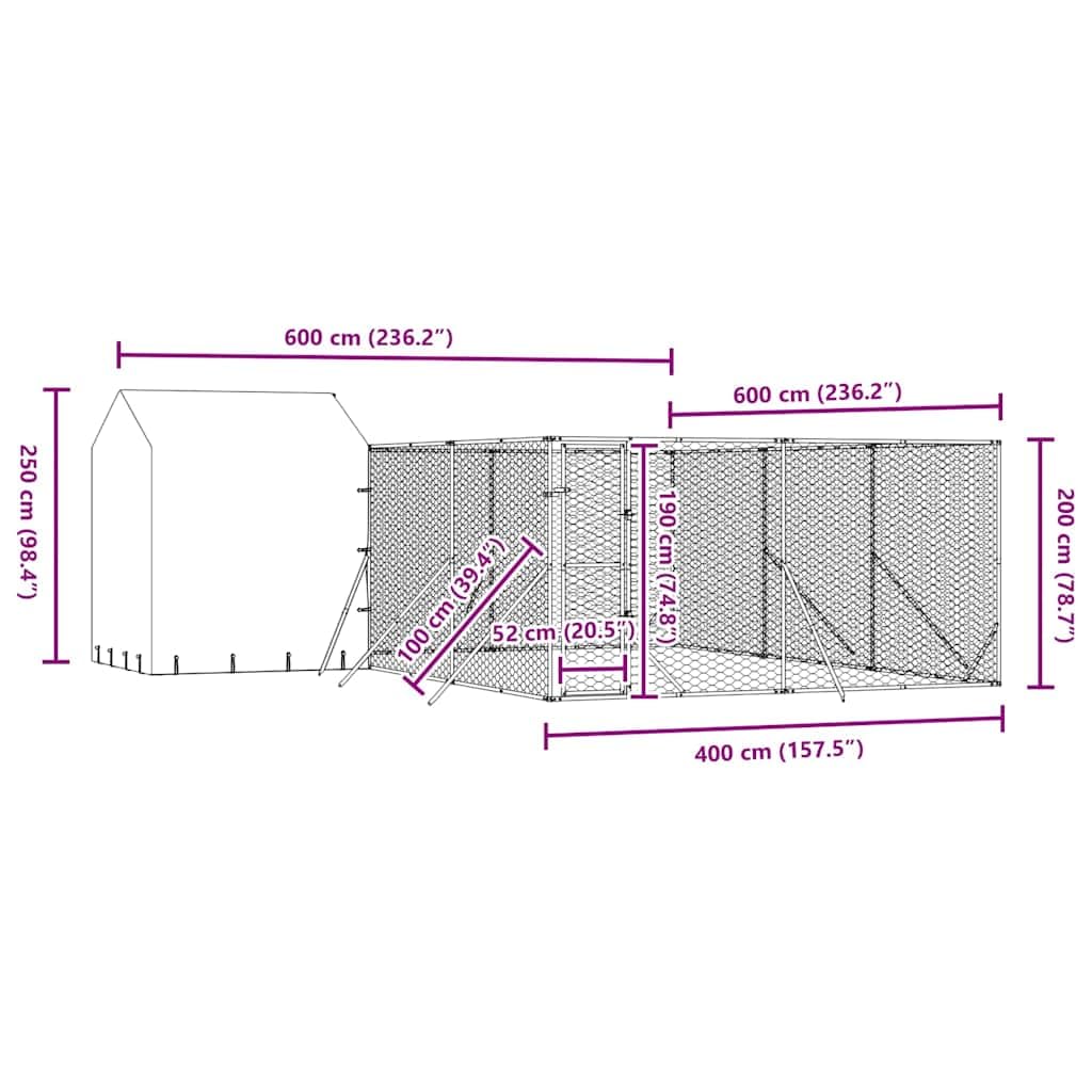 Perrera para perros con techo plateado, acero galvanizado, 6 x 6 x 2,5 m, con puerta cerrable, resistente a la intemperie para perros, cachorros, animales pequeños, protección y seguridad en