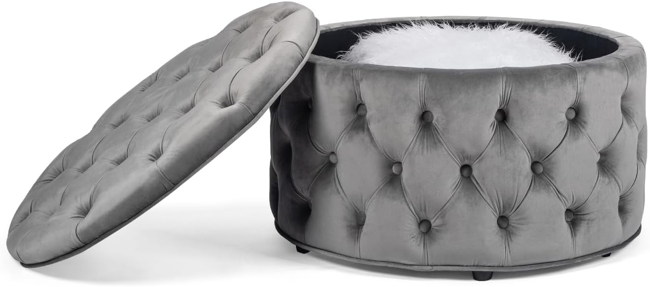 Homebeez 28 Inch Round Velvet Storage Ottoman, Button Tufted Footrest Stool Coffee Table for Living Room (Grey)