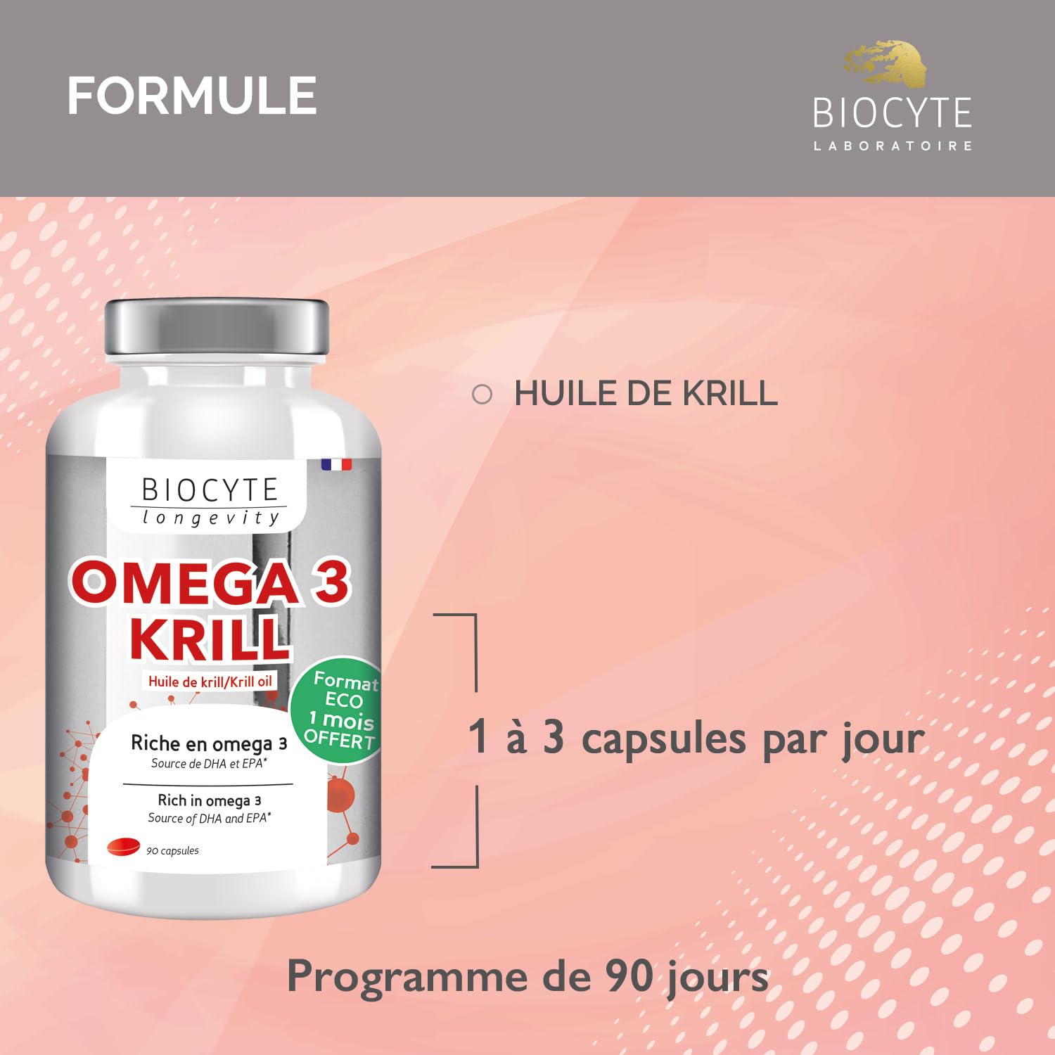 BIOCYTE Oméga 3 Krill - Vision & Fonction Cardiaque Normale - Huile de Krill, Riche En Omega 3 - Programme de 3 Mois