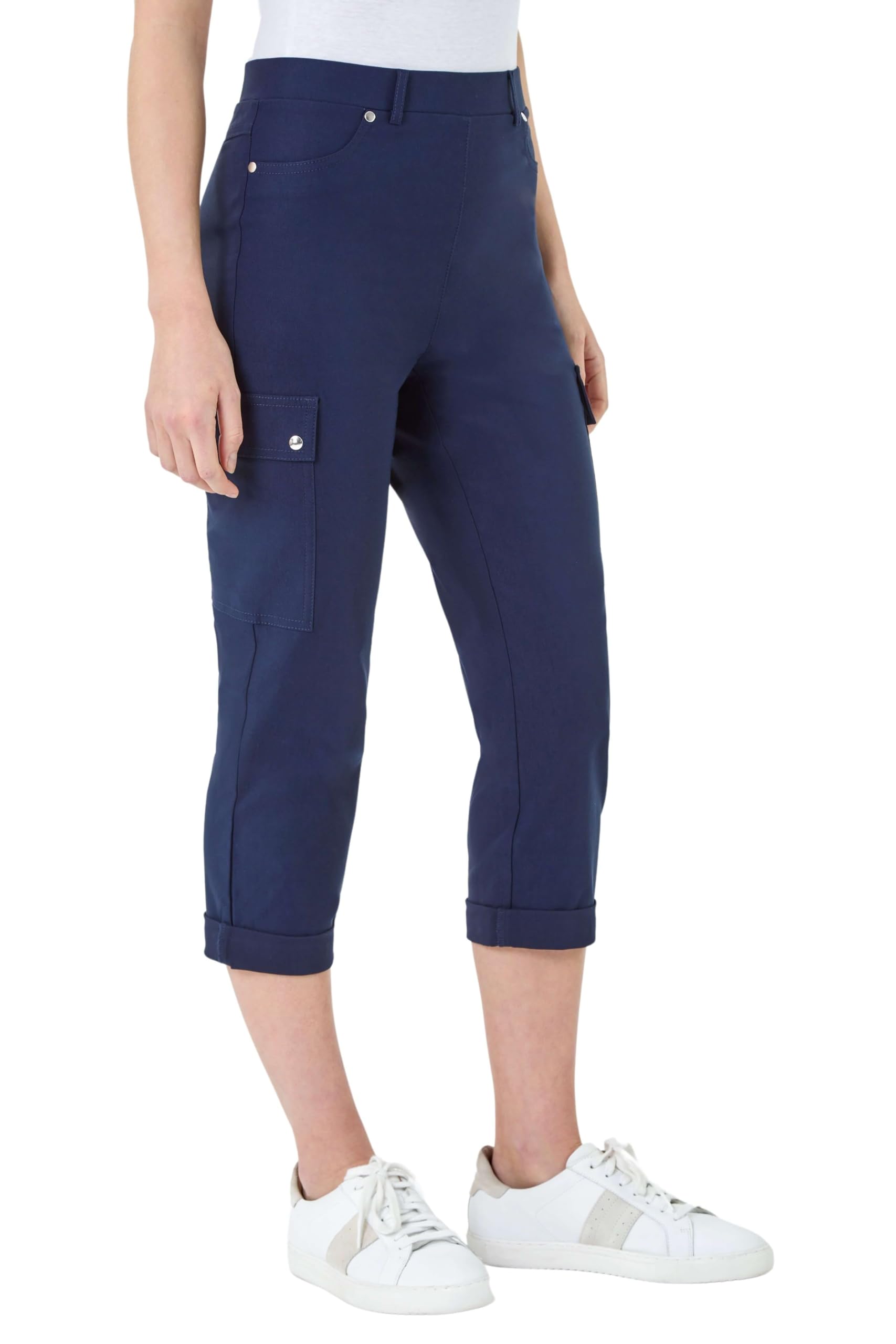 Roman Turn Up Stretch Cargo Trousers for Women UK - Ladies Spring Everyday Summer Holiday Skinny Fit Soft Utility Pull On Comfy Pocket Detail Pants Slim Bottoms - Navy - Size 20