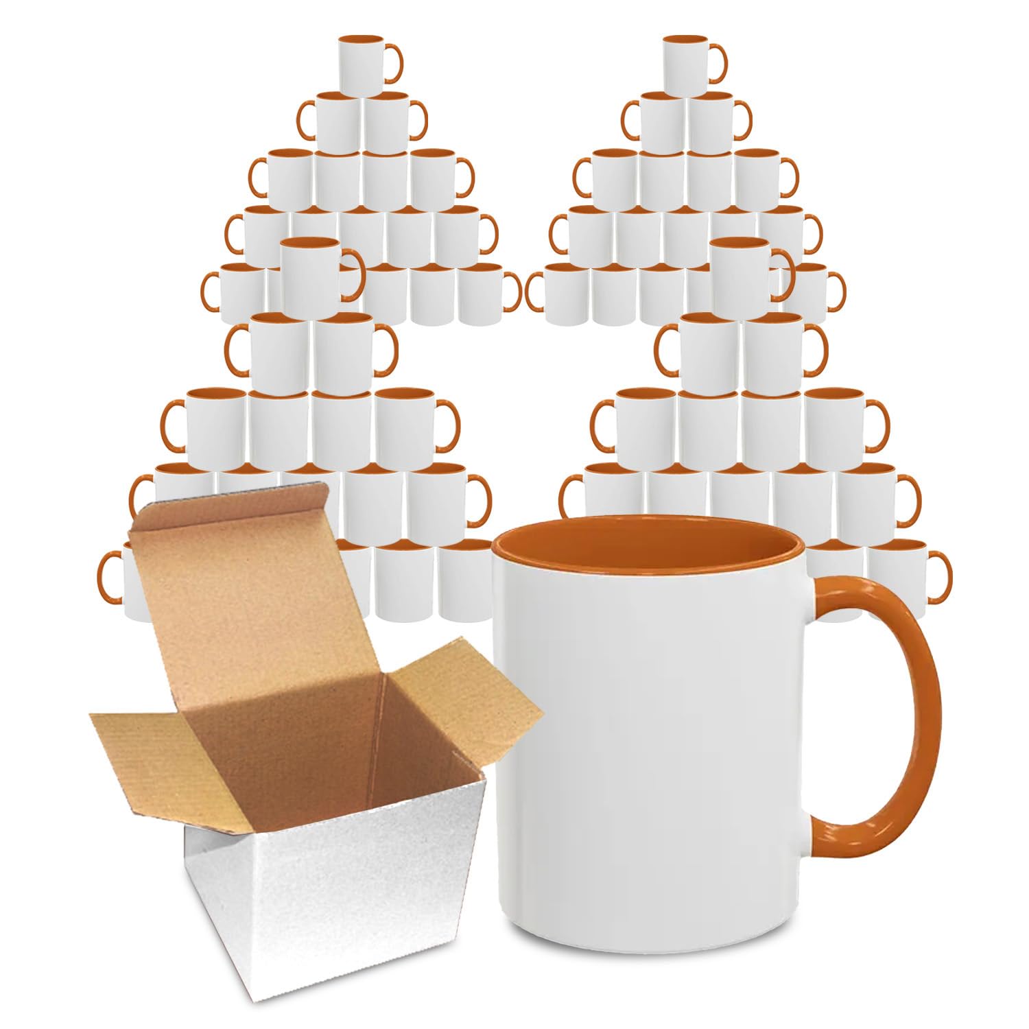 Sublimation Mugs 11oz Blank with Coloured Large Handle, Inner with Box | Durable, Ceramic Orca Finished Mugs Perfect for Custom,DIY Printing, for Loved Ones | Orange Bulk Pack of 72