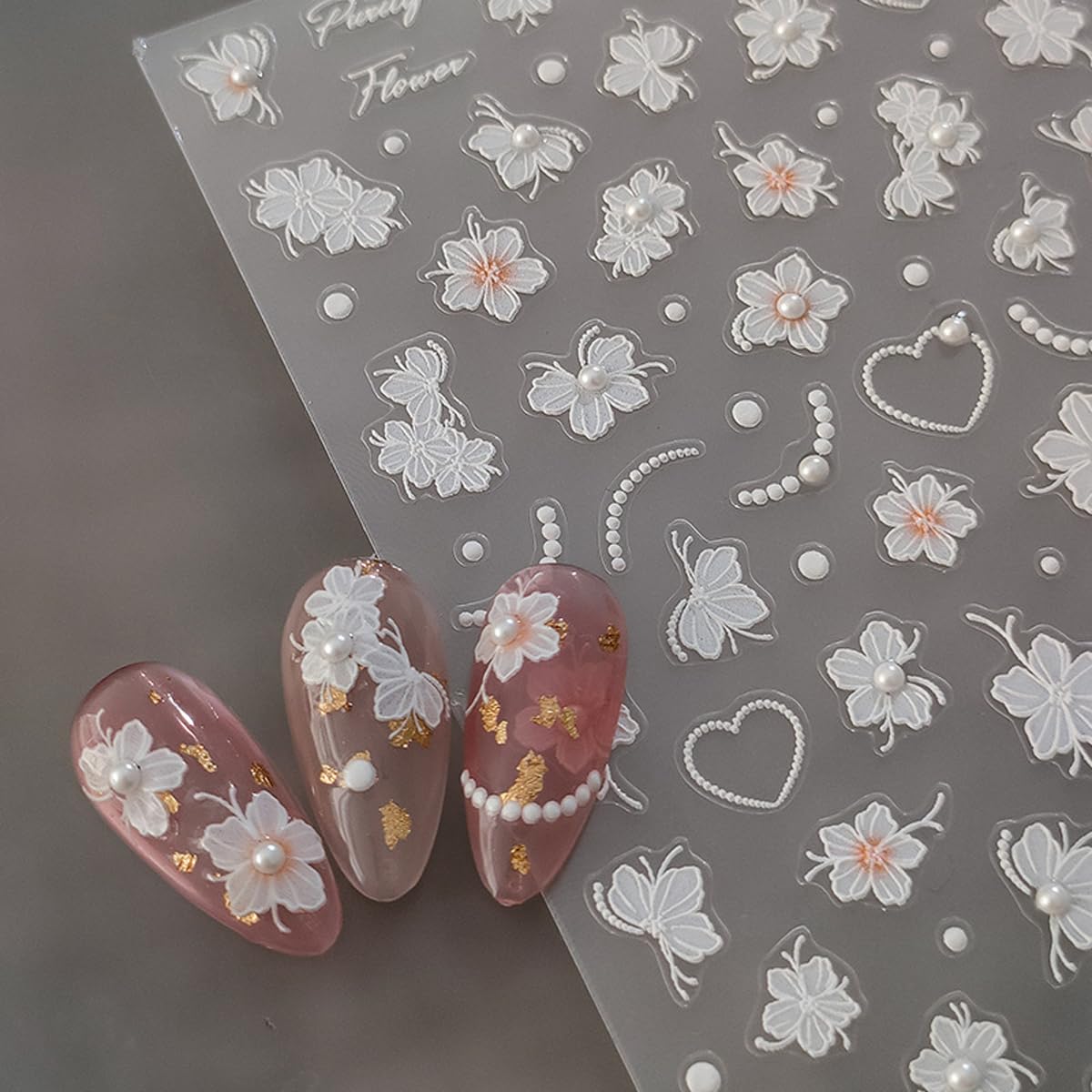 White Flower Nail Stickers Spring Nail Art Stickers with Pearl Floral Nail Decals 5D Embossed Sticker for Nails Designs Self Adhesive Nail Art