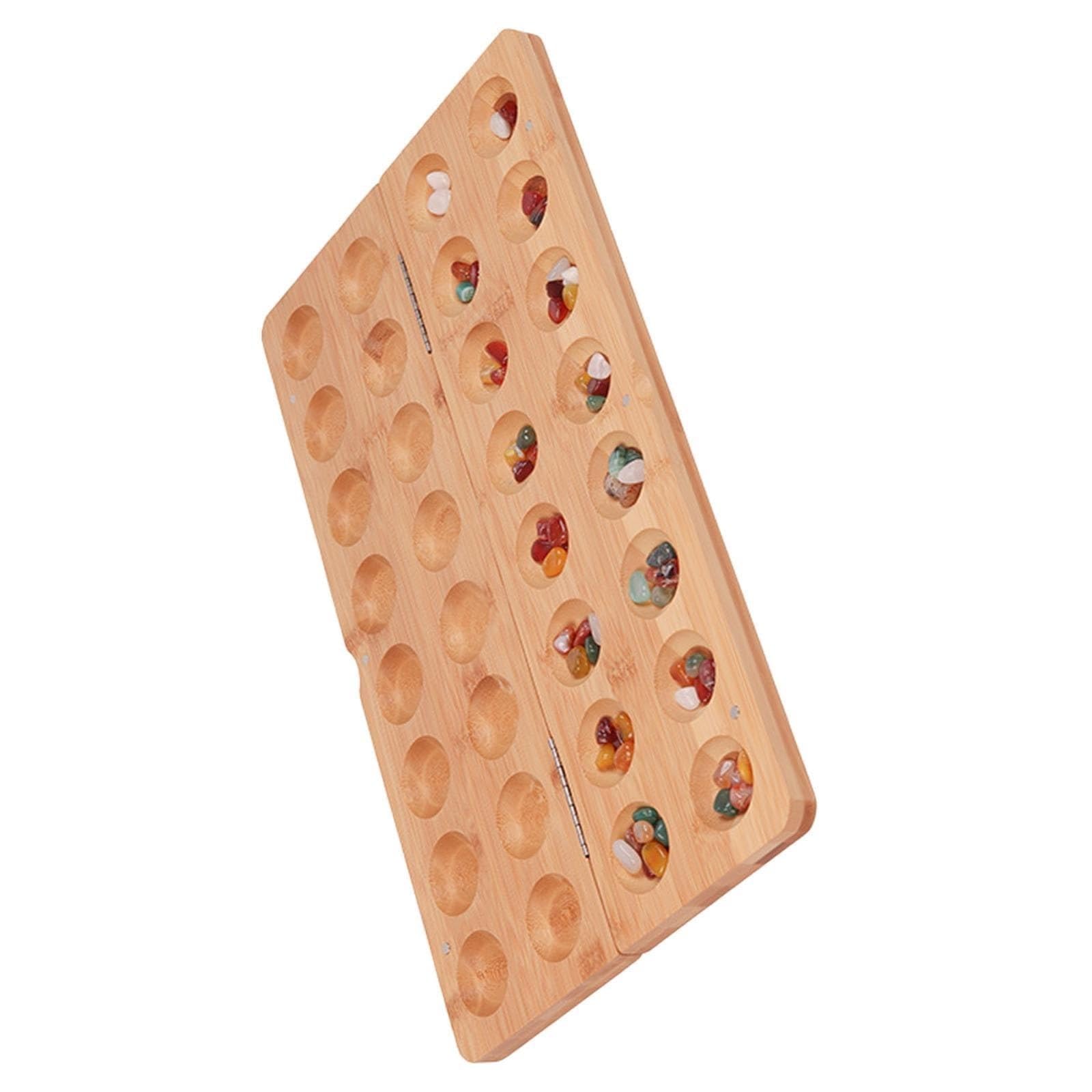 Juego Mancala De Tamaño Viaje con 65 Piedras Vidrio Tablero Estrategia Madera Plegable para Juegos Familiares Juego Mancala Plegable