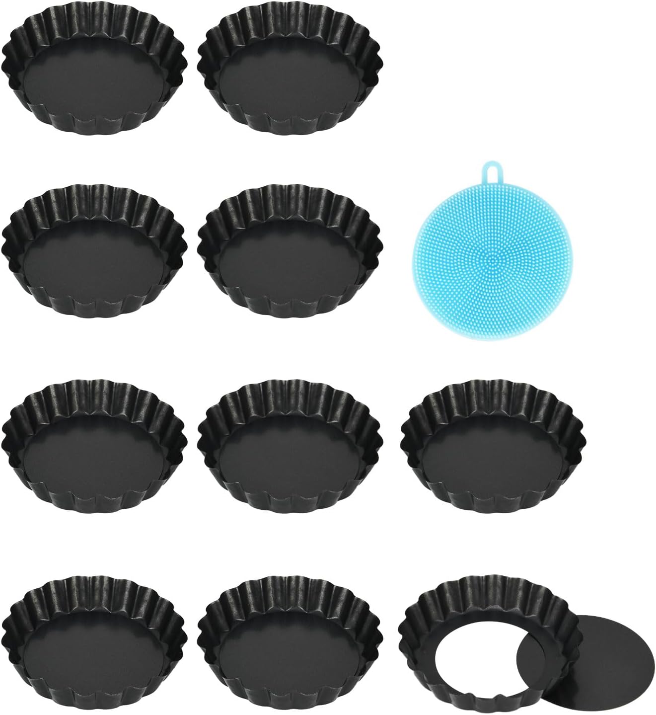 Vnray Mini Tart Pans with Removable Bottom 4 inch Set of 10, Non-stick Round Quiche Pan Heavy Duty Carbon Steel for Mousse Cakes, Christmas Dessert Baking with Silicone Scrubber(Black)