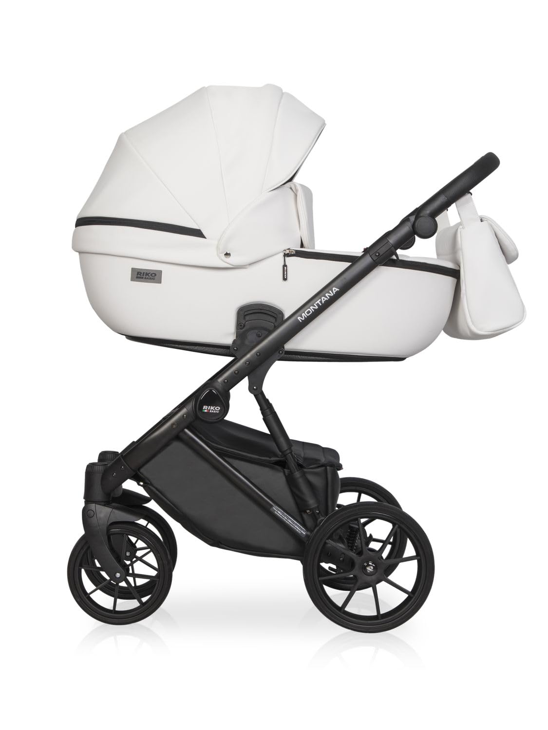 Passeggino in ecopelle Riko Basic Montana Ecco 2 in1 BBtwin. Carrello in ecopelle due pezzi e accessori. Bianco