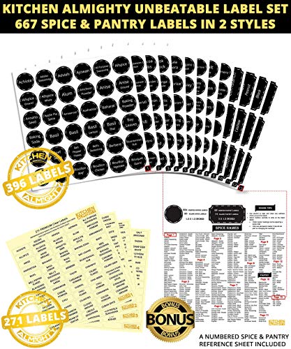 Kitchen Almighty 25 Glass Spice Jars Complete Set: 667 Chalkboard & Clear Printed Spice & Pantry Labels - 4 Fl Oz Empty Square Bottles W/Pour/Sift & Coarse Shakers & Airtight Cap - Silicone Funnel #TOP3