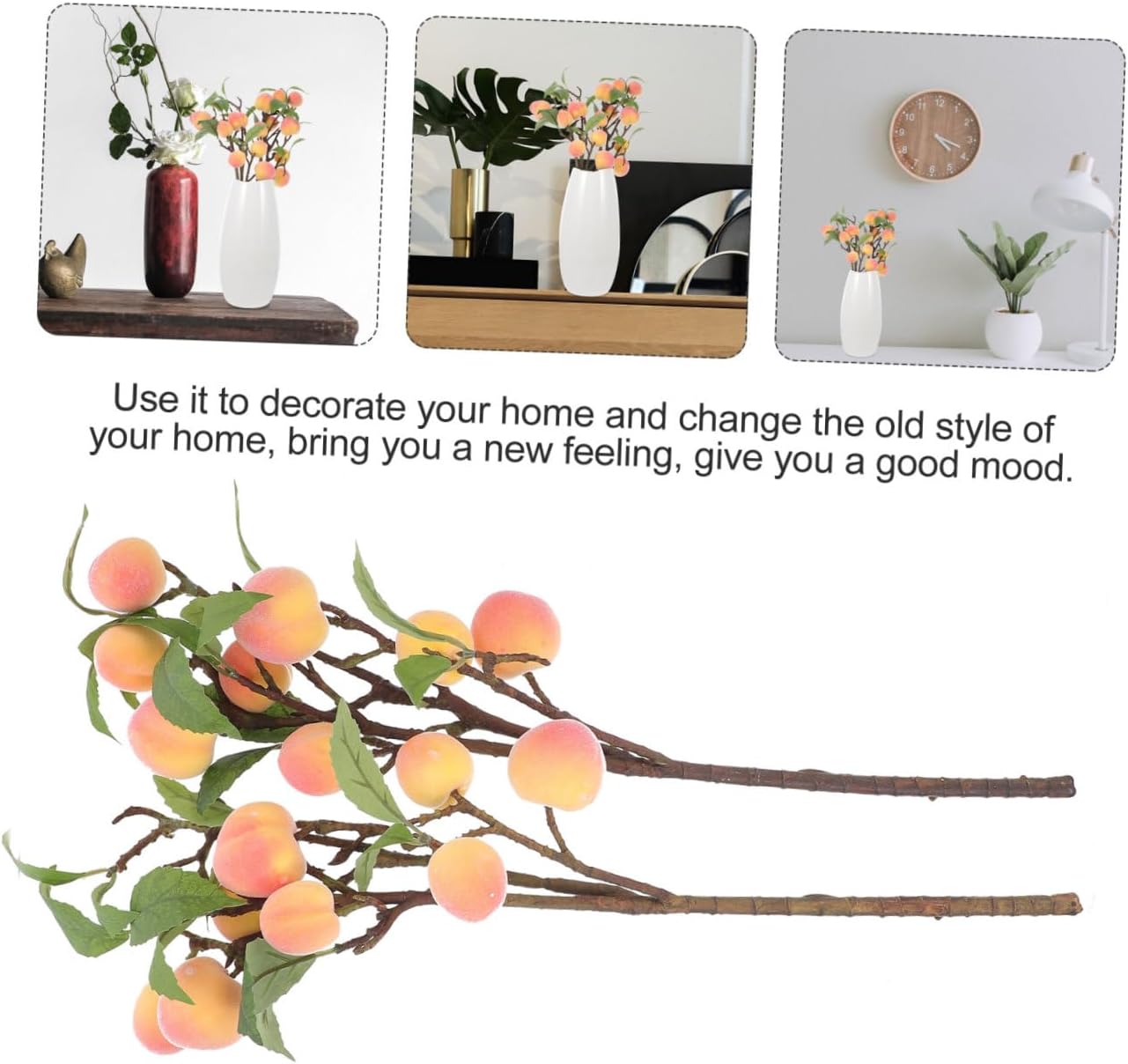 Artificial Peach Branches Faux Fruit Branches with Leaves Medium Size for Home Décor Flower Arrangement 2pcs Set