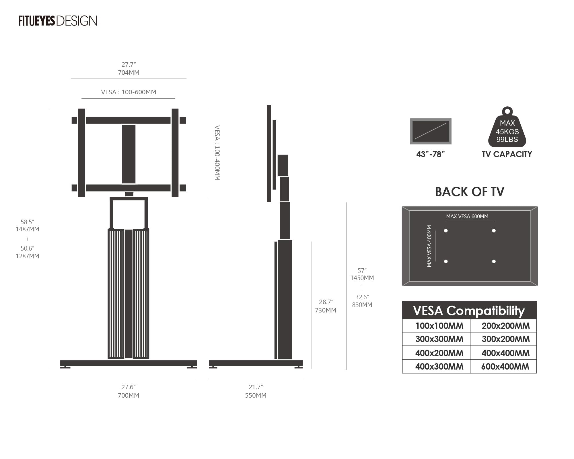 FITUEYES Supporto TV da Pavimento per TV da 43-78 Pollici Regolazione in Altezza Supporto TV da Terra Portata Massima 45 kg Serie Cantor