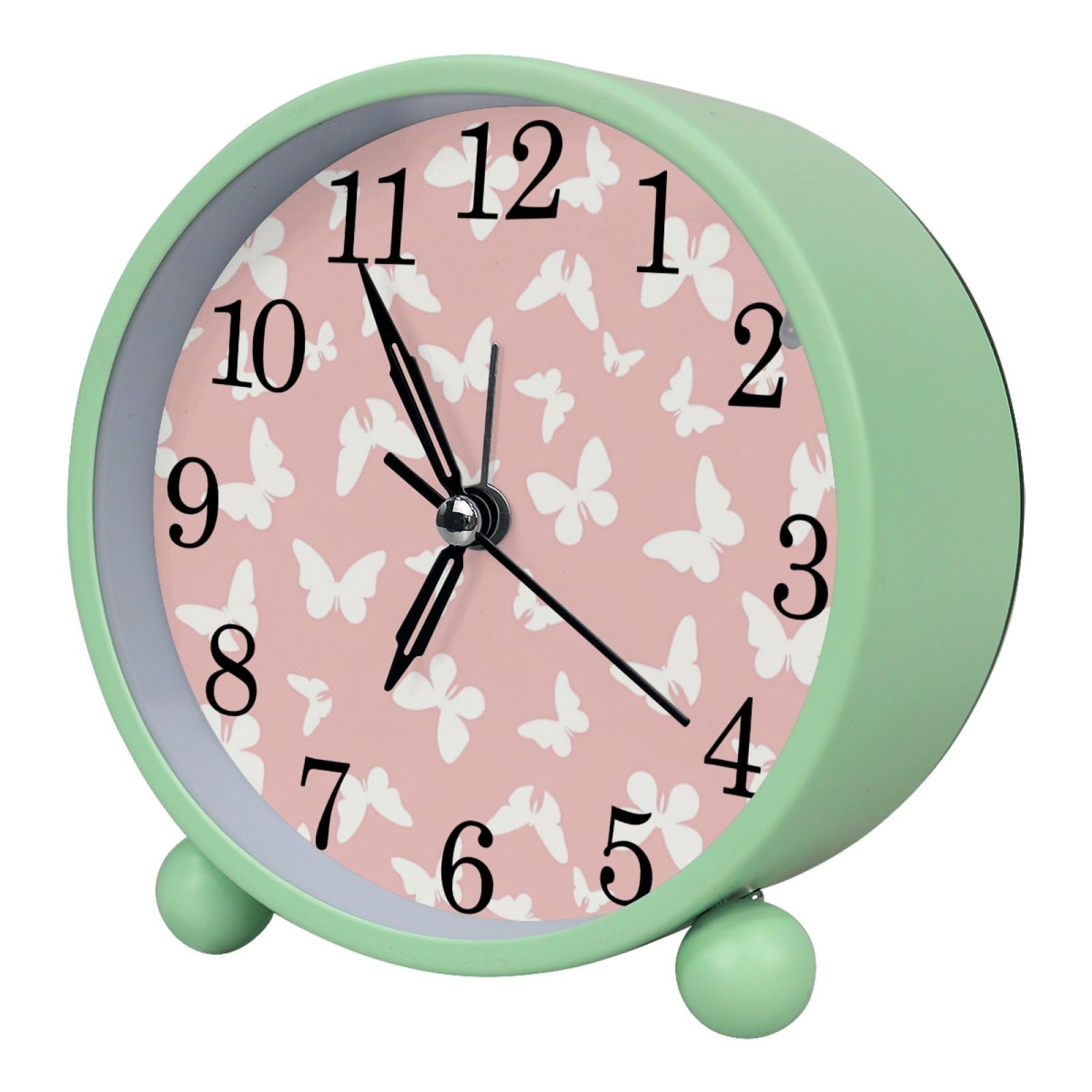 etoenbrc Butterflies on Pink Background Round Battery Operated Bedside Alarm Clock Non-Ticking Desktop Silent Analog Alarm Clock with Light