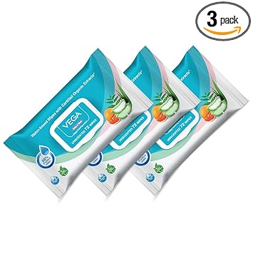 Vega Baby & Mom 99% Pure Water Wipes Pack of 3-72 Piece Each |Wipes for Delicate Baby Skin |Enriched With Organic Extracts | Dermatologically Tested |Thick Unscented Wipes for Skin, (VBHA3-07 Pack 3)