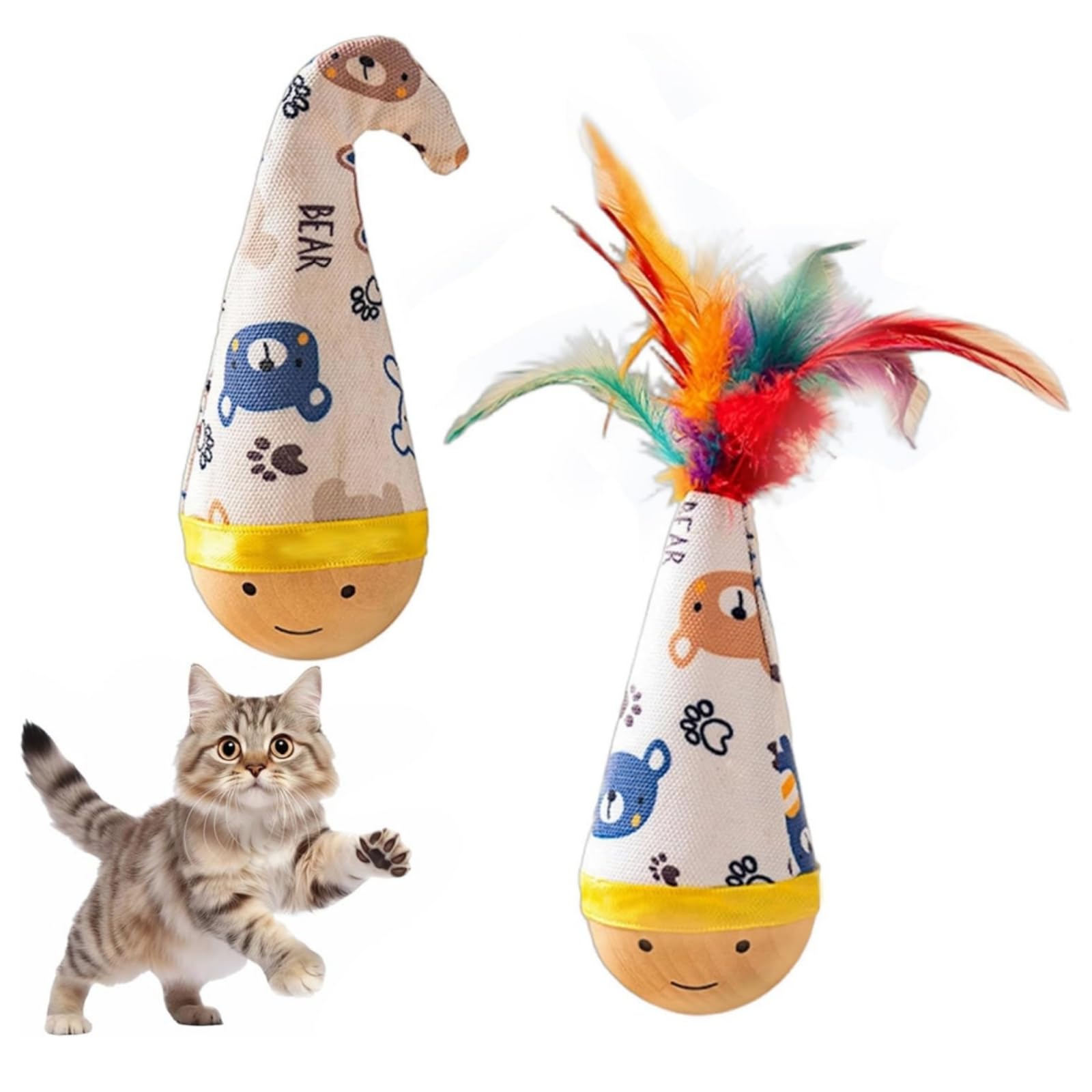 Haiyox 2PCS Interactive Wooden Cat Toy,Tumbler Wobble Toy For Indoor Cats,Scratchable Woven Surface,Play Exercise Game,Indoor Activity Training Accessory,For Small Medium Large Cats,With Feather