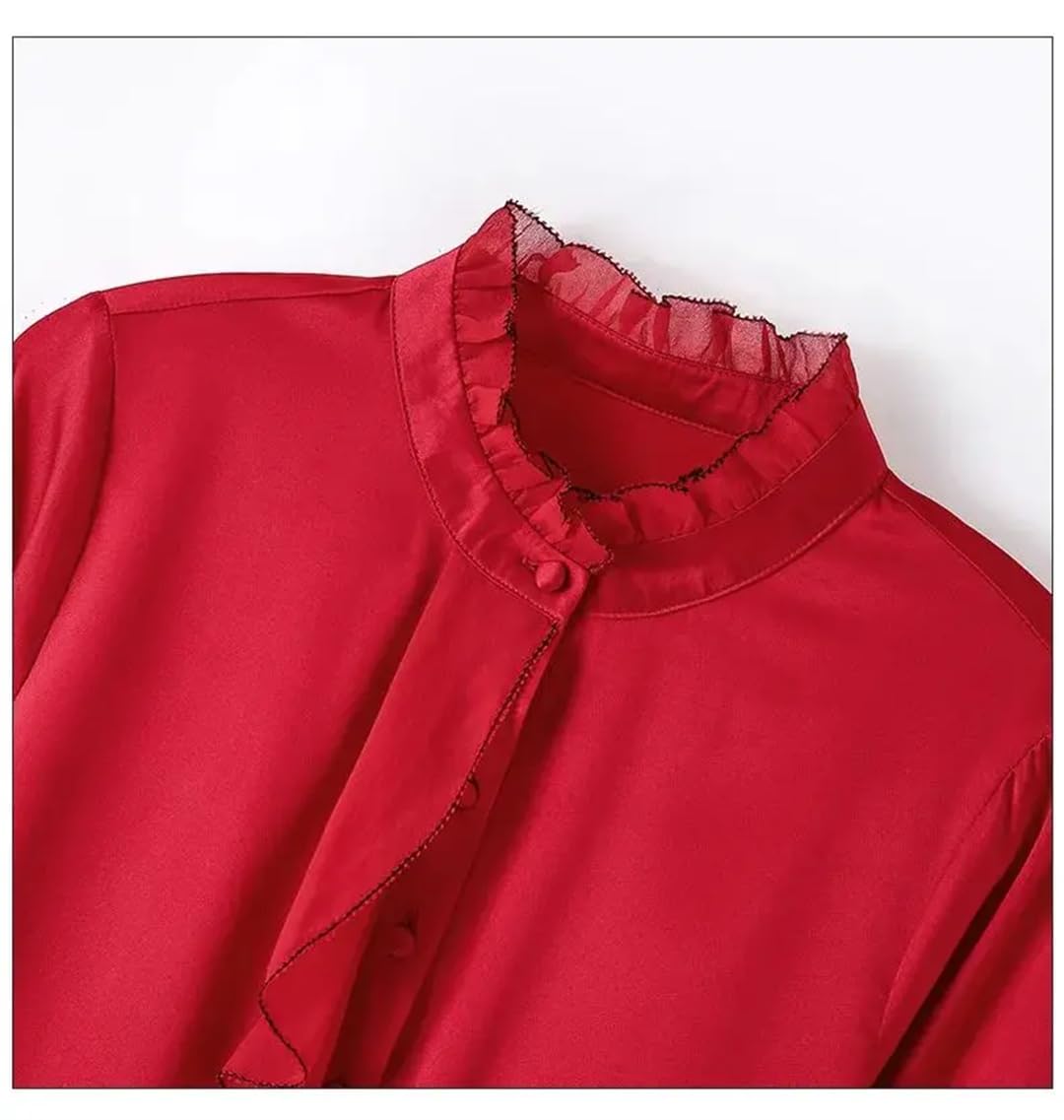 Camisa de seda con solapa para mujer, blusas de oficina de manga larga, holgadas, para oficina