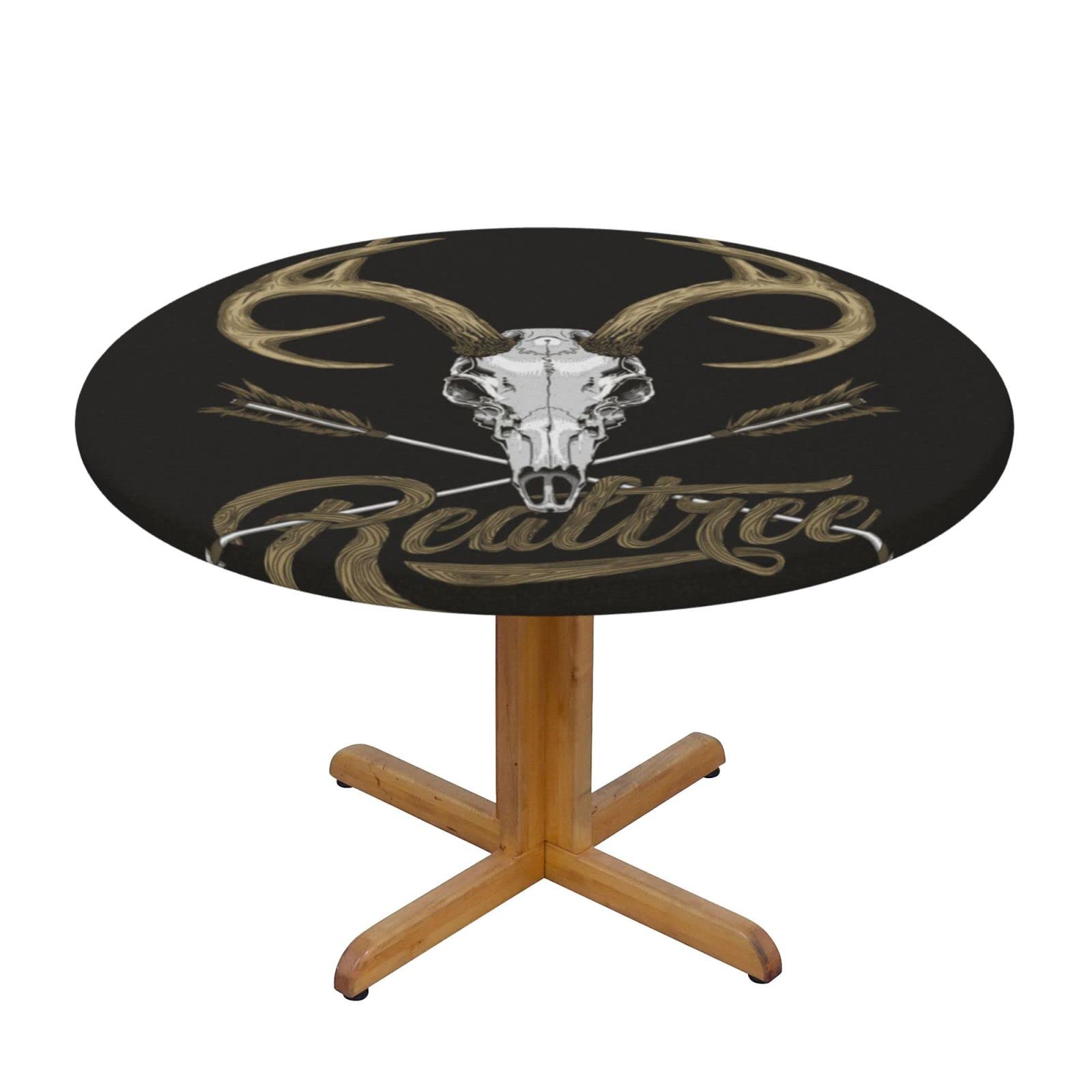 Lsjuee Round Fitted Tablecloth 40-44in Elastic Edged Table Cloth for Kitchen Dining Party Home Decor - Death Deer Skull Bow Arrow