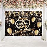 Happy 24th Anniversary Backdrop Banner Decor Black Gold – Glitter Love Heart Happy 24 Years Wedding Anniversary Party Theme Decorations for Women Men Supplies