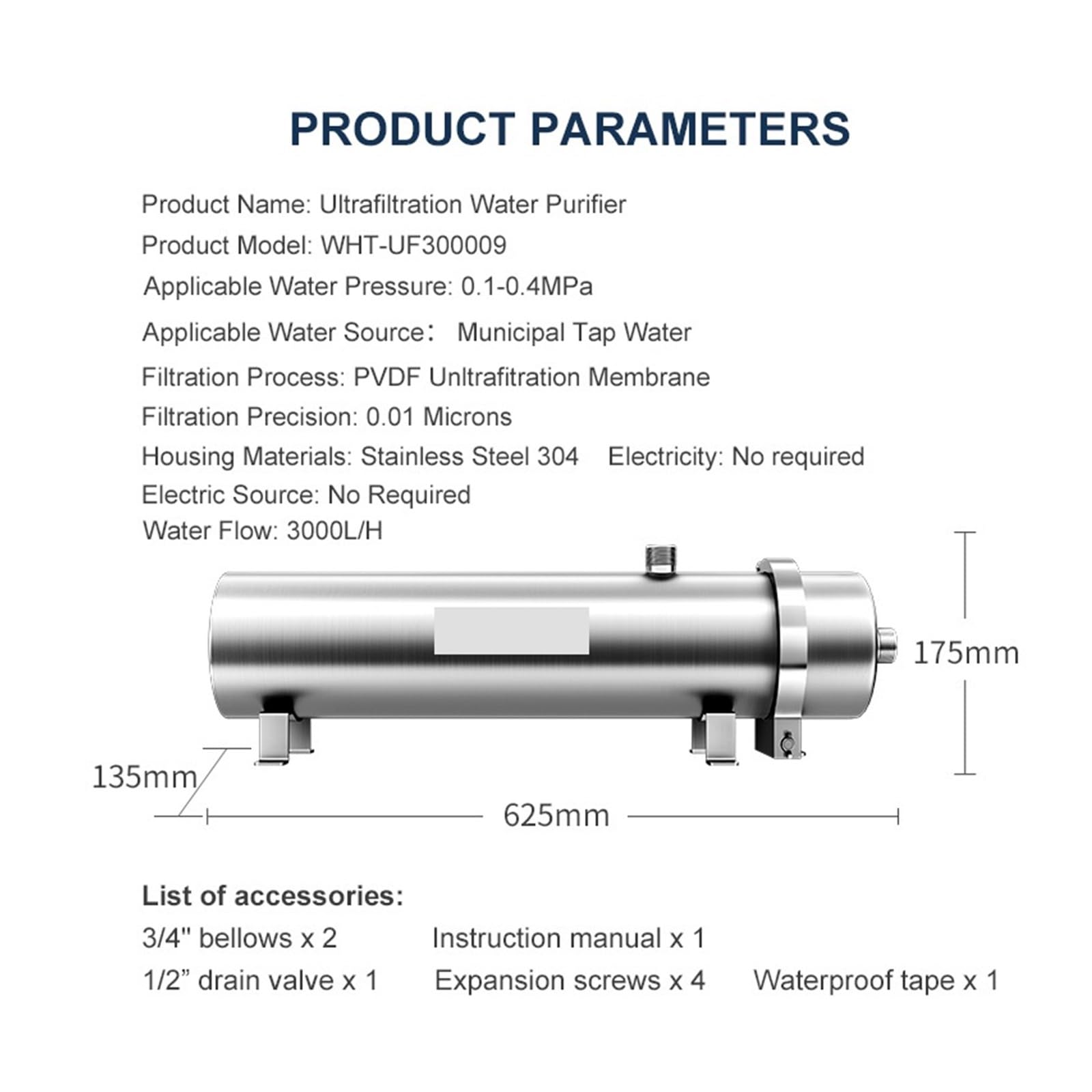 Purificador de agua Filtro de agua de acero inoxidable 304, purificador de ultrafiltración PVDF 3000L comercial hogar cocina bebida recto filtros UF Con experiencia y eficiencia superior