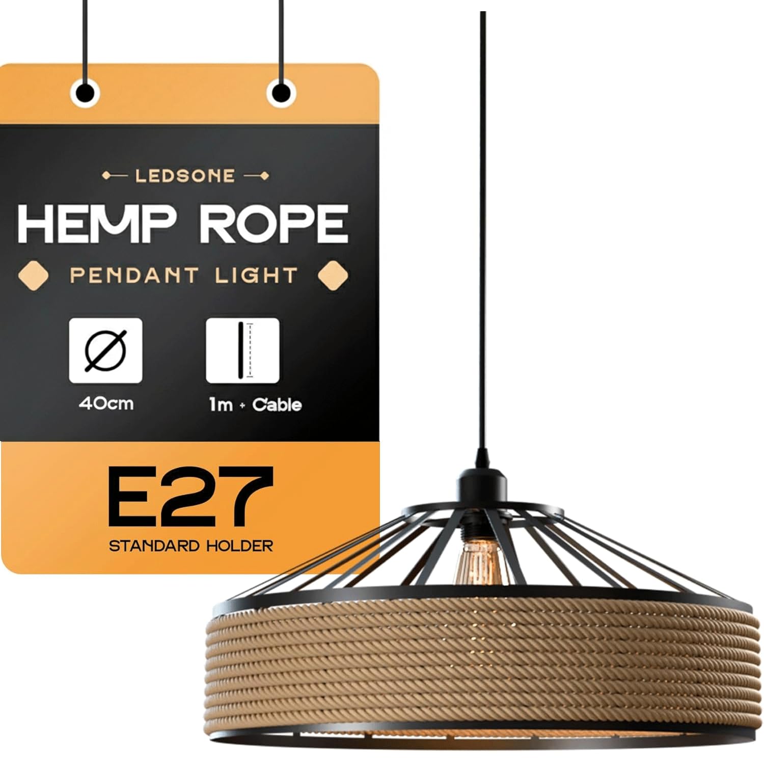 Ledsone Hemp & Metal Ceiling Pendant Light Fitting Industrial 40Cm Metal Rope Lampshade E27 Holder 100Cm Adjustable Hanging Lamp For Restaurant, Bar, Cafe