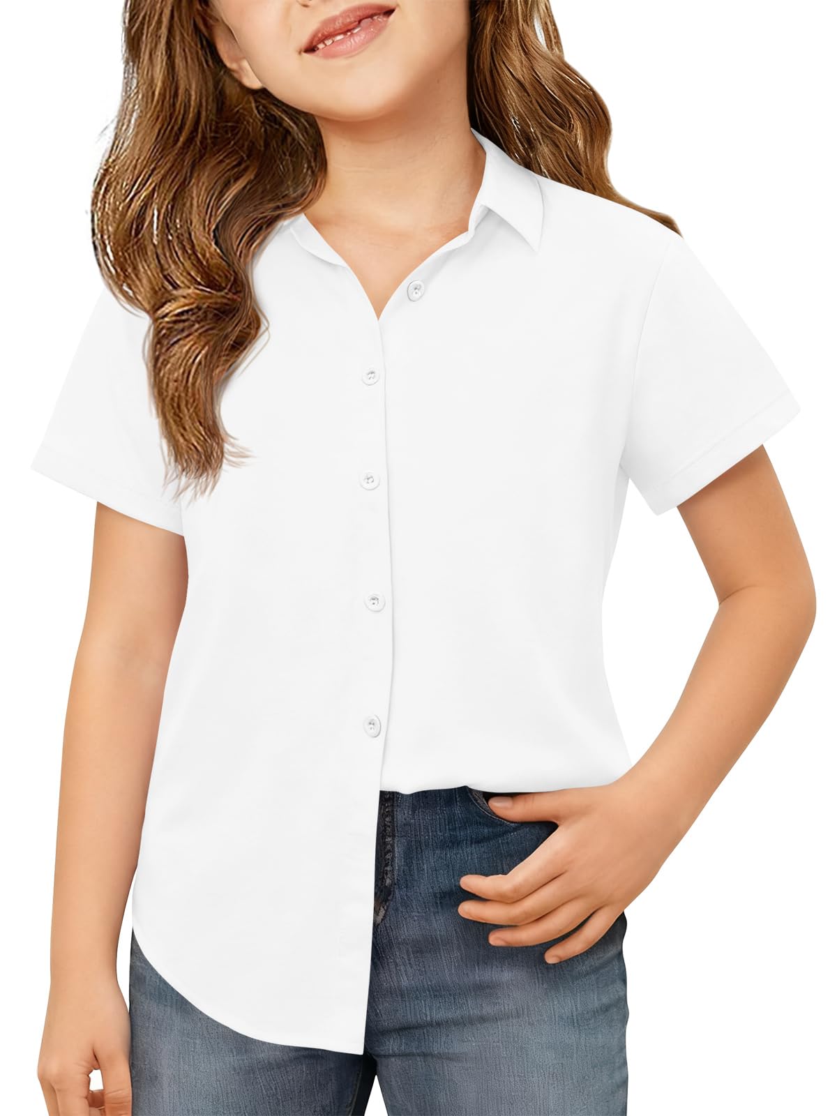 Girls Button Down Shirts Kids Summer Short Sleeve Dress Shirts School Uniform Blouse 5-14 Years