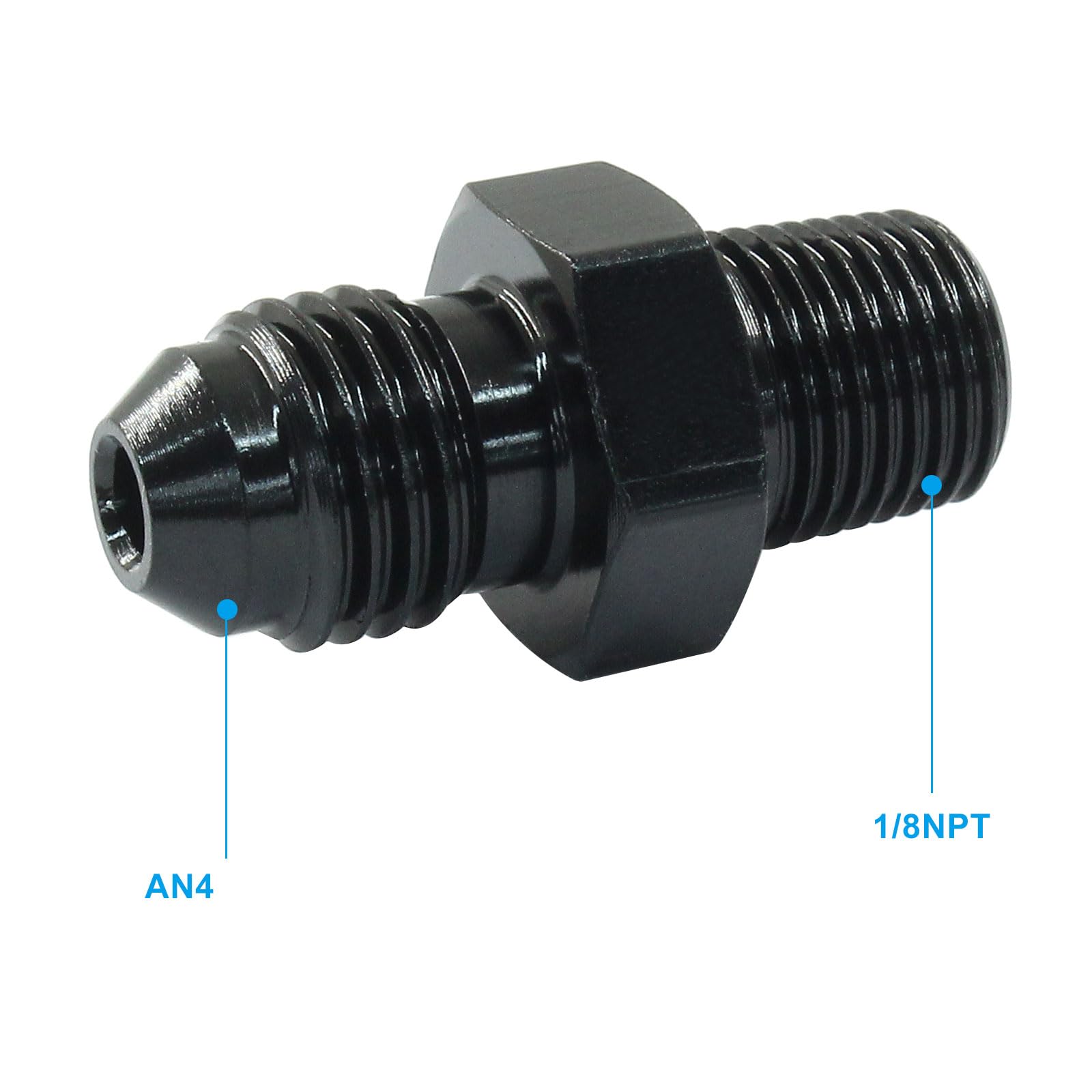 Waziaqoc 4 adaptadores de tubería 4AN macho a NPT de 1/8 pulgadas, 7/16-20UNF aluminio recto negro