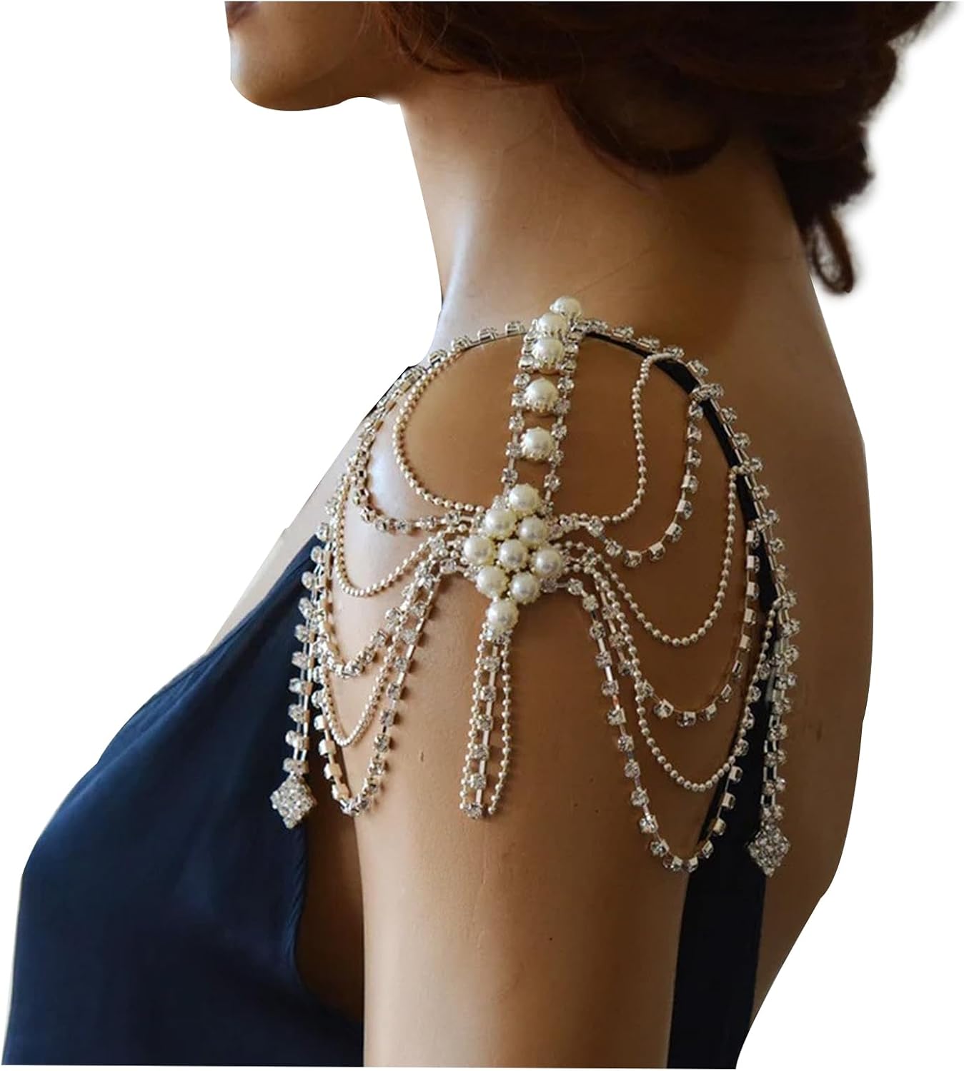 Mulit-layered Pearl Shoulder Chain Jewelry Festival Rave Rhinestone Bra Chain Sexy Bridal Wedding Crystal Arm Chain Jewelry for Women