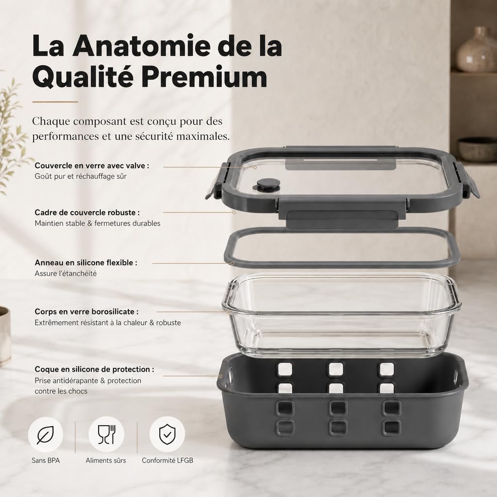 Meal Prep Boîtes Set 3x640ml – Verre borosilicate, hermétique, empilable, micro-ondes avec valve vapeur, coque silicone anti-choc