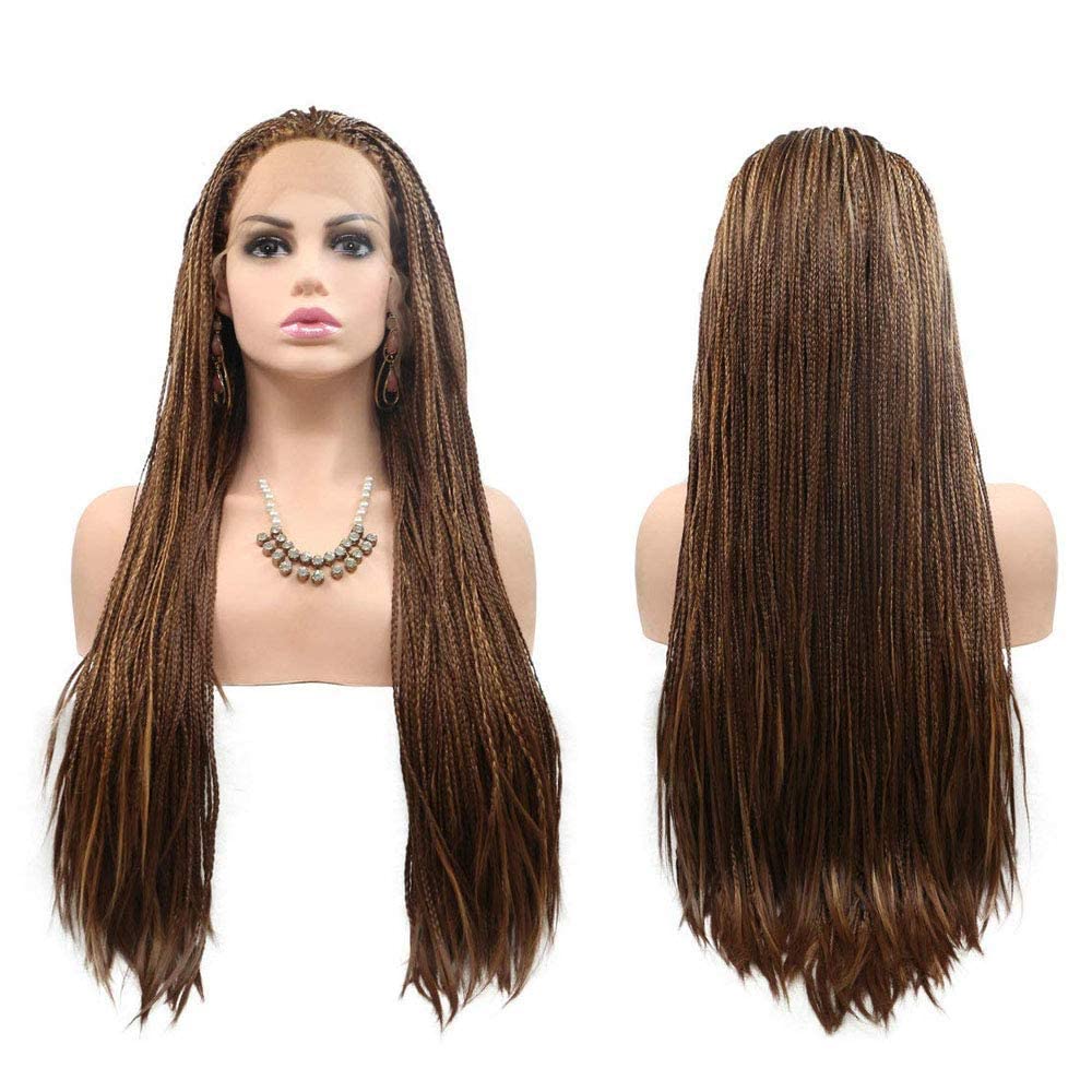 Realistic Hand Braided Lace Front Wigs for Black Women Micro Long Mixed Brown Braiding Braids Wig Natural Hairline Realistic Synthetic Heat Resistant Hair Replacement Wigs Daily Cosplay 28 Inch - Image 2