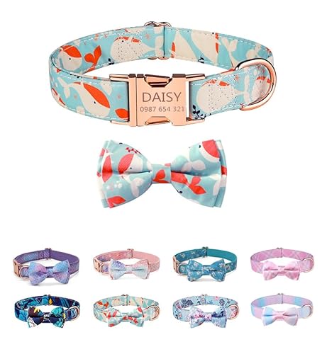 Homie Pettie 犬用首輪 迷子札付き 名前入り 布製 カスタム 名入れ可能 レーザー刻印 犬猫兼用 小型犬?大型犬対応 蝶ネクタイ付き おしゃれ ペット用 IDタグ 名札 オーダーメイド サイズ調整可 無料刻印 ペットの名前&飼い主の電話番号対応