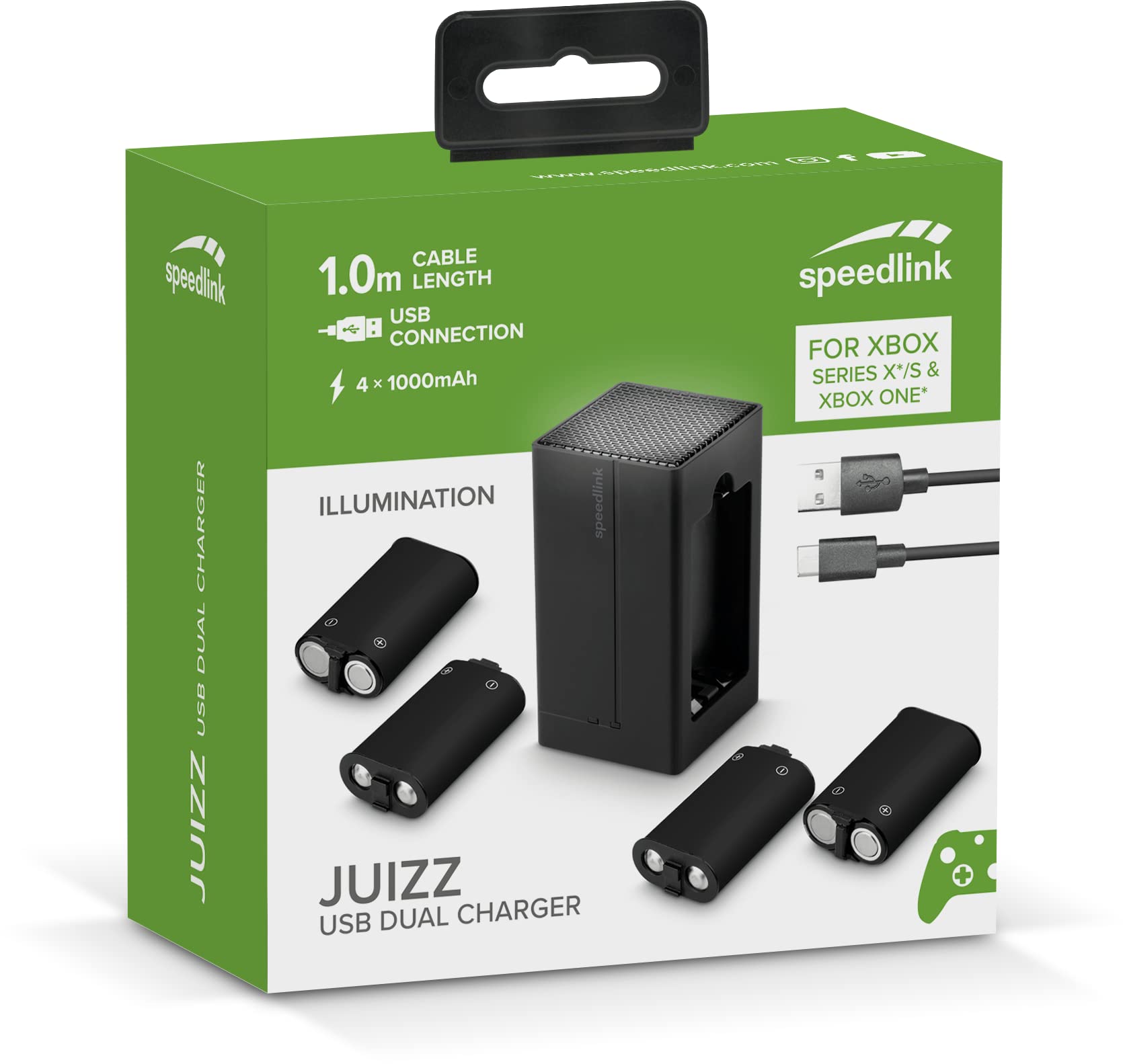 Speedlink JUIZZ USB Caricabatterie doppio per batteria controller Xbox, Xbox Series X, Xbox Series S, Xbox One, con 4 potenti batterie ricaricabili, fino a 32 ore di gioco, colore nero
