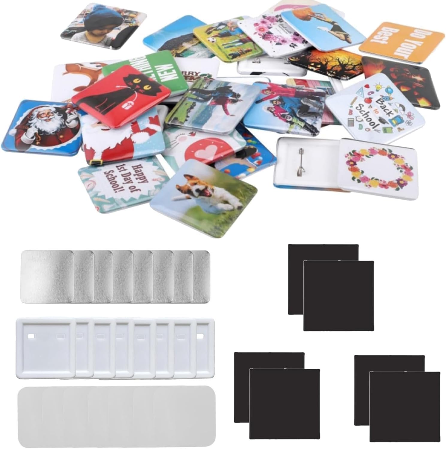 200 Sets 50mm/ 2 Inch Button Press Supplies Square Button Parts DIY Fridge Magnets Craft Set Including Magnet, Metal Cover, Plastic Back Cover, Pins, Transparent Film, Blank Paper