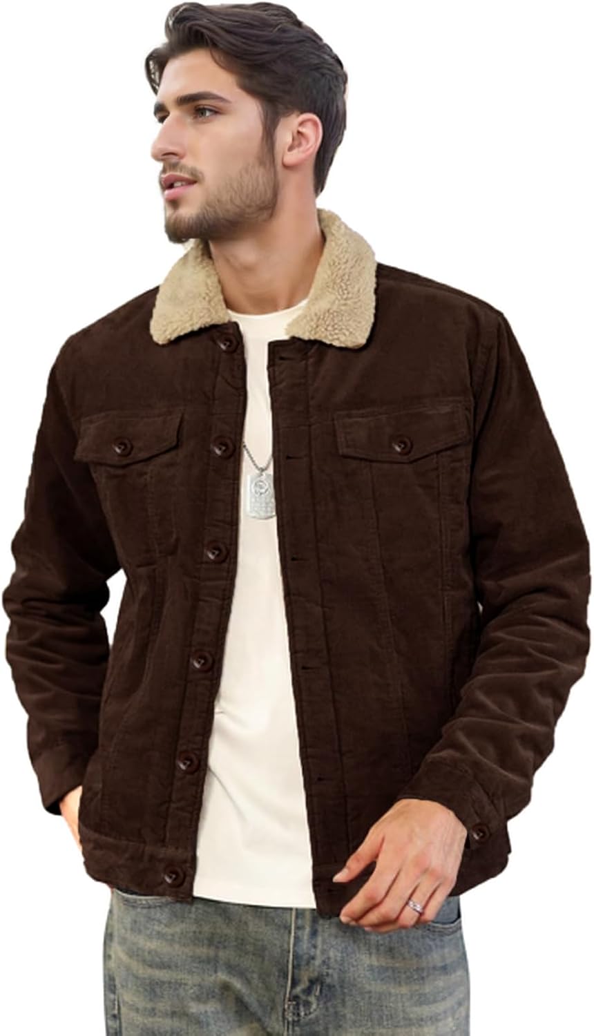 Men's Corduroy Jacket Warm Sherpa Lined Trucker Jacket Button Down Winter Coat - Image 7