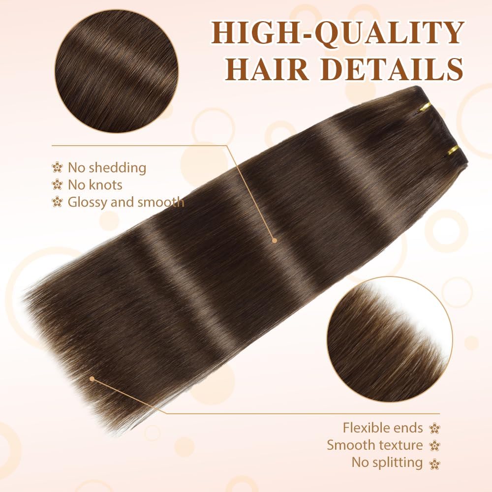 HotLulana extensión de clip de pelo humano Remy, 7 unidades, color marrón oscuro, extensiones de clip invisibles, 35 cm, 80 g