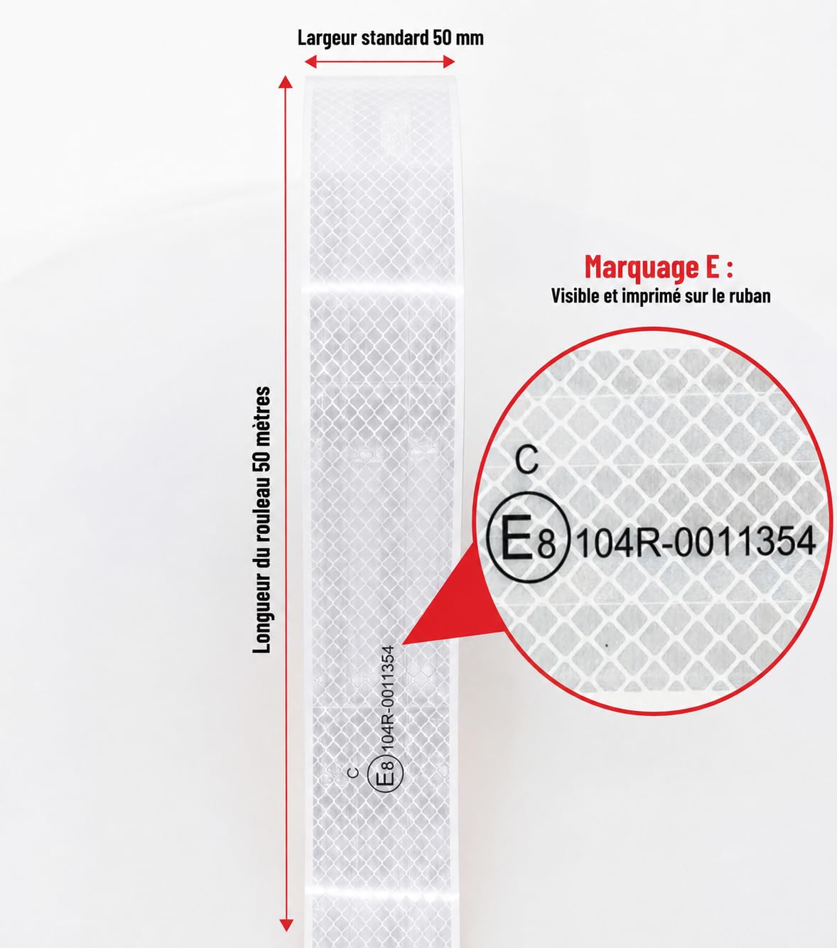 Ruban Réfléchissant Adhésif Blanc 50 m x 5 cm – Bande de Marquage de Contour E-Mark ECE R104 Classe C pour Camion, Remorque et Véhicule Utilitaire