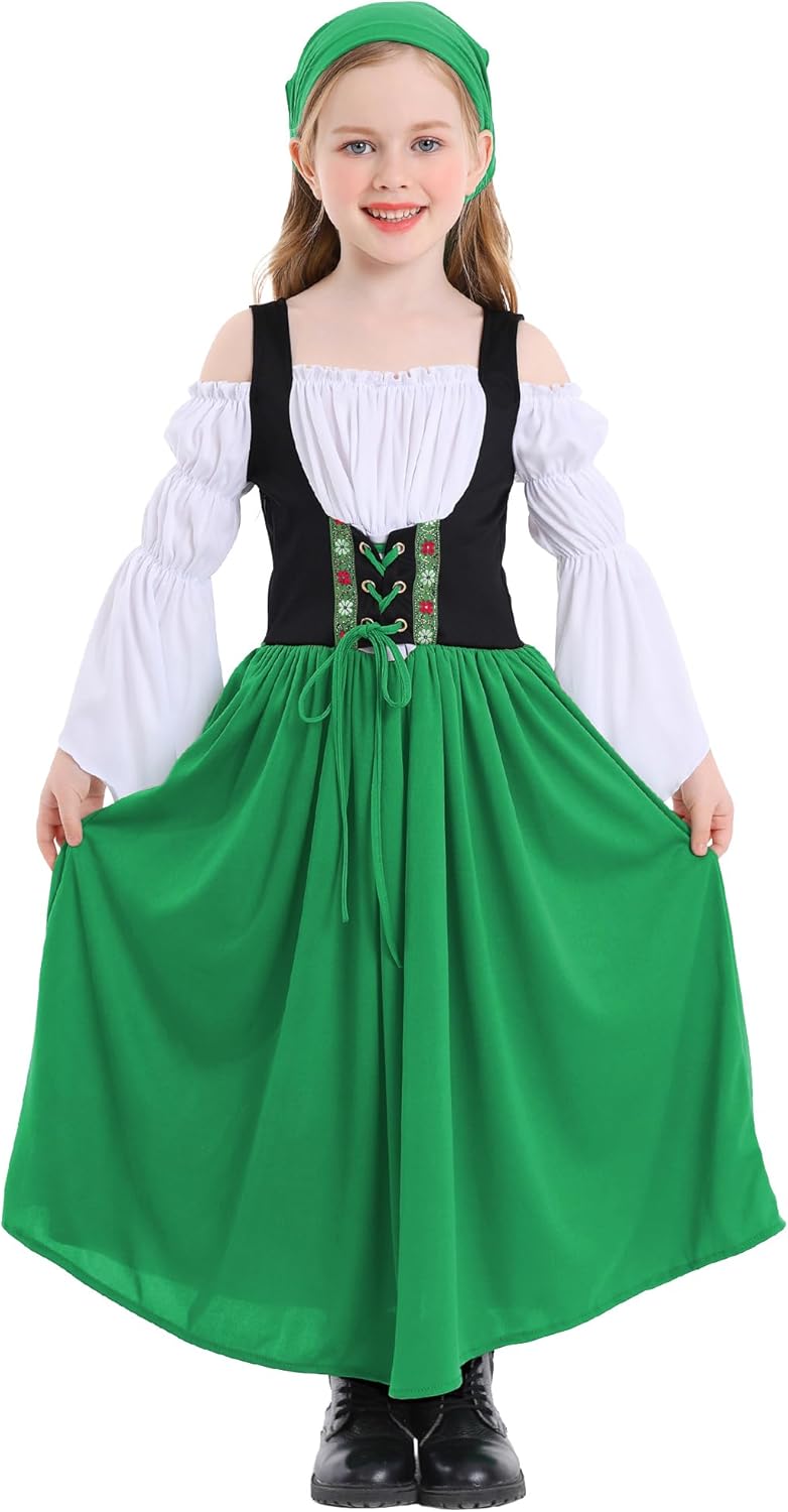 Happy Cherry Renaissance Dress for Kids Girls Medieval Princess Dresses Off Shoulder Bell Sleeve Victorian Dress 4-16Y