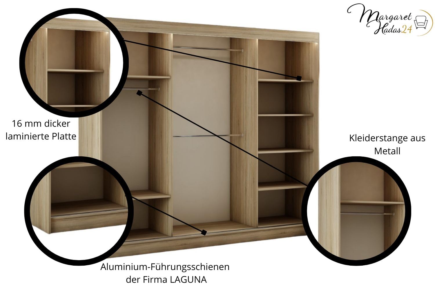 Margaret Hadas24 Kleiderschrank Padwa 250 mit Spiegel, Organizer, Mehrzweckschrank, Schwebetürenschrank, Garderobenschrank, Kleiderstange, Kleiderständer, Flurschrank, Schrank, 3-türig, braun, weiß