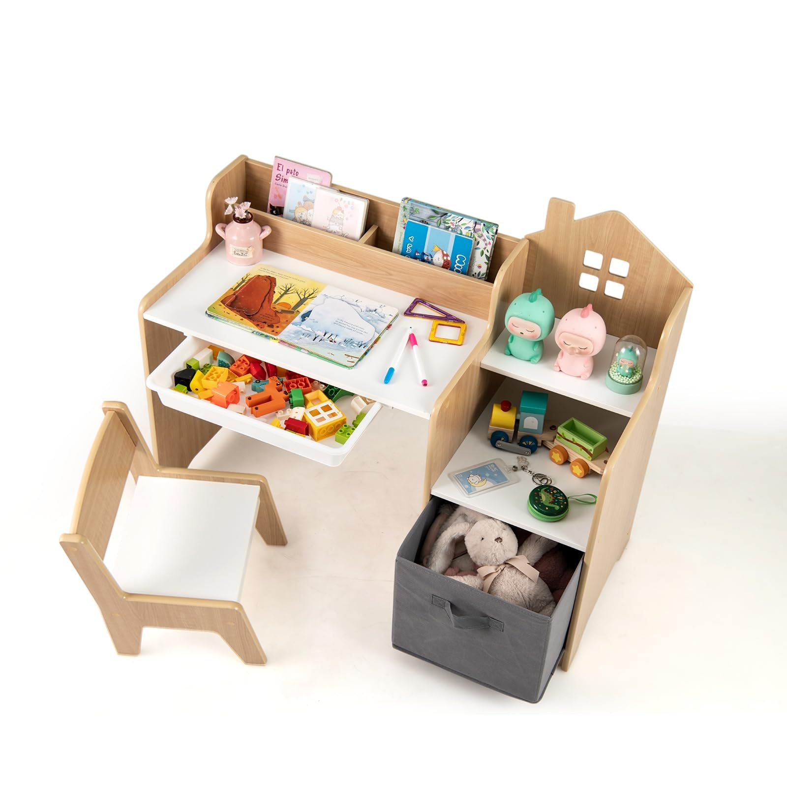 LIFEZEAL Kinderschreibtisch mit Stuhl Set, Kinderlerntisch mit Bücherregal & Schublade, Schreibtisch-Set für Schüler, Tisch und Stühle für Kinderzimmer (Natur)