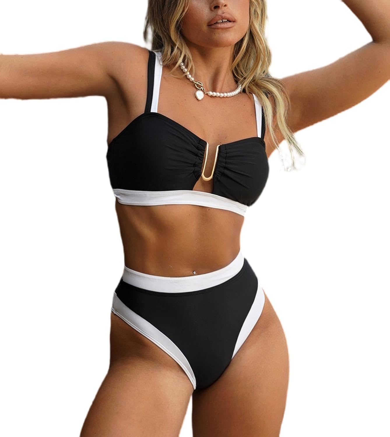 Catalpalev Women's Two Piece Swimsuit Black and White High-Waisted Slimming Bikini Set Beach Swimwear Bathing Suit