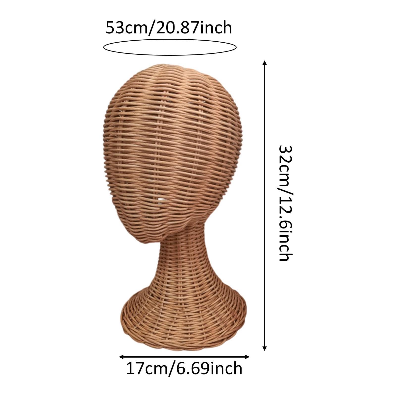 harayaa Tête de Présentation en Rotin avec Base Antiretournement, Présentoir à Chapeaux Multifonctionnel, Support pour Perruques Tressé Main, Base Stable, pour Vitrine, Magasin et Décoration Maison