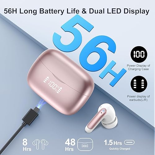 Miniatura 5 de Auriculares inalámbricos, auriculares estéreo HiFi Bluetooth 5.3 con cancelación de ruido con 4 micrófonos ENC, 56H de reproducción auriculares
