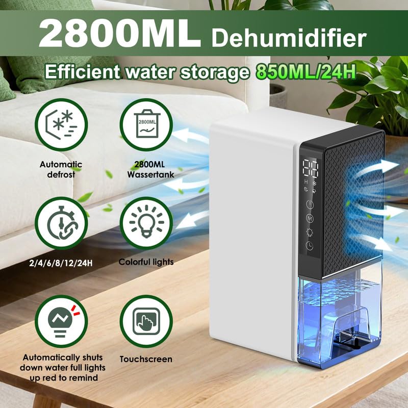 Deumidificatore d'Aria 2800 ml, Deumidificatore Elettrico con Timer 24 ore, Luci a 7 Colori, Spegnimento Automatico, Sbrinamento, Deumidificatori per Casa, Camera da Letto, Muffa（A850ML/24H）