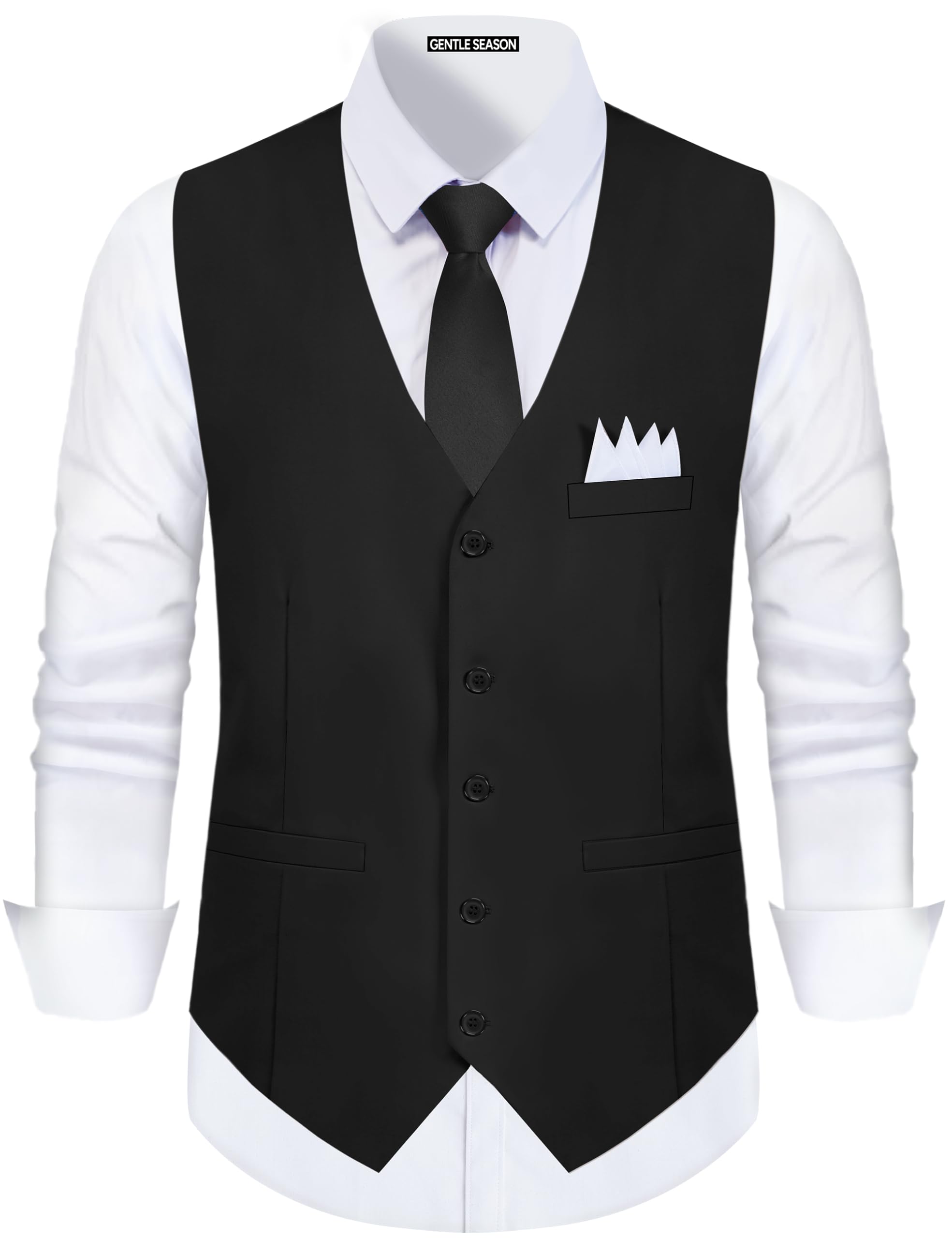 Gentle Season slim-fit three-piece waistcoat with tie and pocket square in black round neck textured