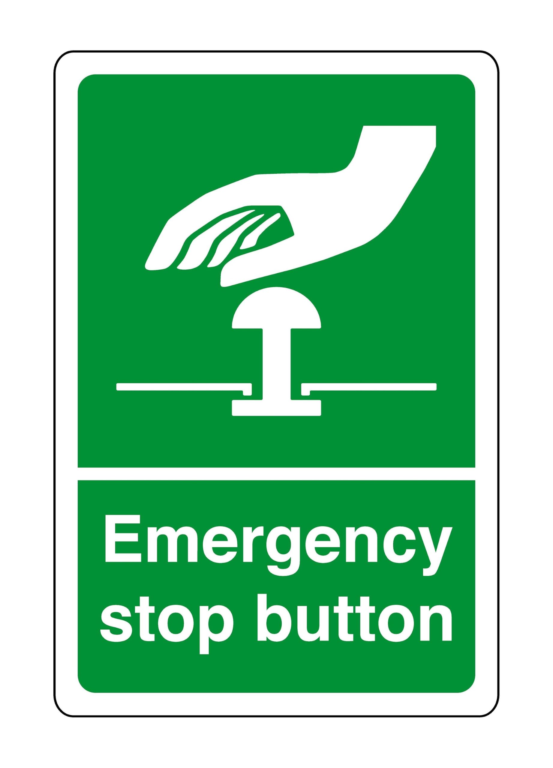 Emergency stop button - safety sign - High tack self-adhesive sticker (400mm x 300mm) Viewing Distance within 14m.