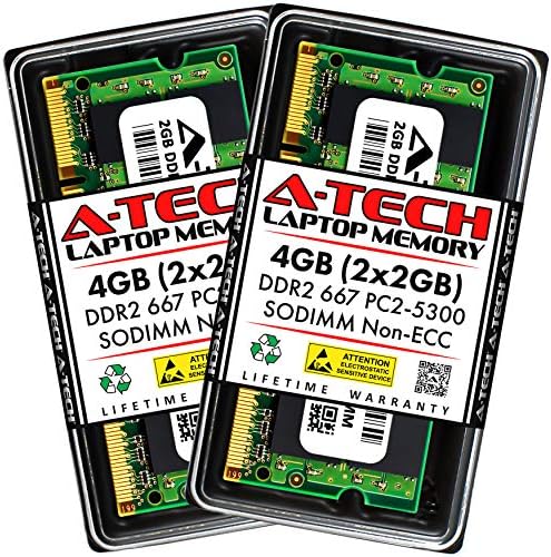 A-Tech 4GB (2x2GB) DDR2 667MHz SODIMM PC2-5300 1.8V CL5 200-Pin Non-ECC Unbuffered Laptop RAM Memory Upgrade Kit