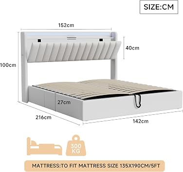 Upholstered Double Bed with Storage, 4FT6 Ottoman Bed with LED-Lighting & USB-Type-C, Storage Bed with Hydraulic and Concealed Headboard Storage, PU, White, 135x190 cm (No Mattress)